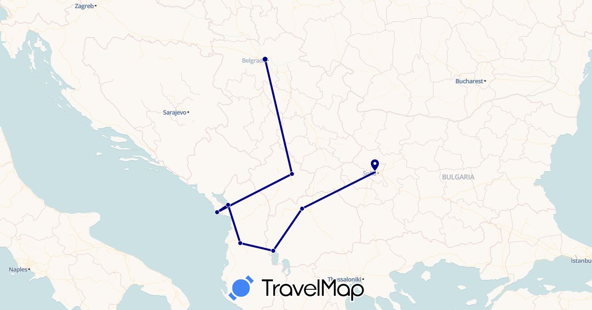 TravelMap itinerary: driving in Albania, Bulgaria, Montenegro, Macedonia, Serbia (Europe)